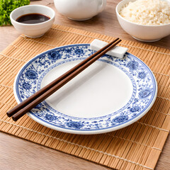 Empty ceramic plate with chopsticks placed on bamboo mat table setting. Asian cuisine dining concept, traditional oriental food presentation, minimalist restaurant place setting, Japanese Chinese cult