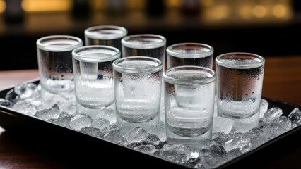Chilled clear glasses on ice tray displaying refreshing beverages at stylish bar setting