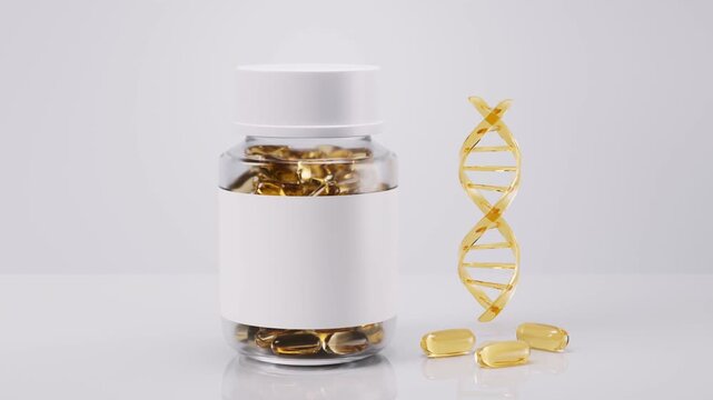 Clear bottle of omega 3 fish oil capsules and a dna strand rotating in a seamless loop 3d animation
