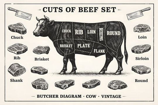 Vintage butcher diagram cow illustration showing cuts of beef meat sections, traditional beef chart with labeled steak portions for butchery education, culinary reference, restaurant menu design, food
