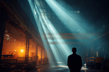 A man stands in a dimly lit warehouse with beams of light shining through