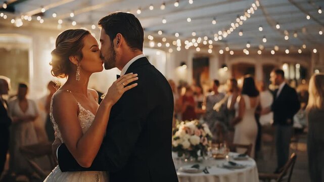 romantic bride and groom dancing first dance at luxury wedding reception