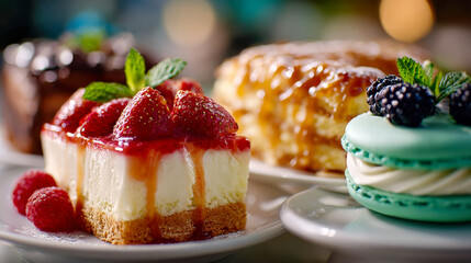 Fototapeta premium Assorted gourmet desserts including cheesecake, macarons, and berry pastries, beautifully arranged for a luxury dessert display
