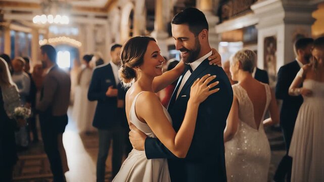 romantic bride and groom dancing first dance at luxury wedding reception