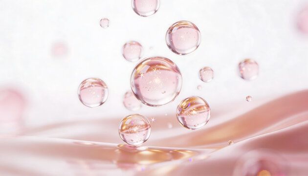 Abstract 3d macro microcapsules suspended in glossy serum with sparkling pearly particles cosmetic skincare ingredient delivery concept