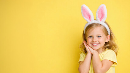 Fototapeta premium Adorable little girl wearing bunny ears smiling sweetly on yellow background. Bright and cheerful Easter-themed portrait for spring celebration.