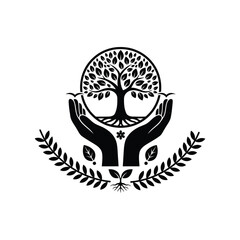Black and White Symbol of Hands Cradling a Tree of Life with Roots and Leaves for Environmental Protection and Ecology Concept