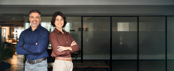 Happy executive managers, two business man and woman leaders entrepreneurs, corporate partners...