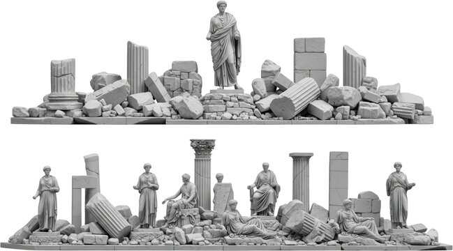 Ancient stone statues and architectural fragments depict ruins of classical Greek or Roman structures conveying a sense of history and decay architecture column marble antique