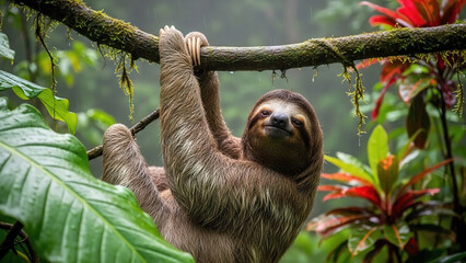 Fototapeta premium Sloth Hanging from Tree Branch in Tropical Rainforest
