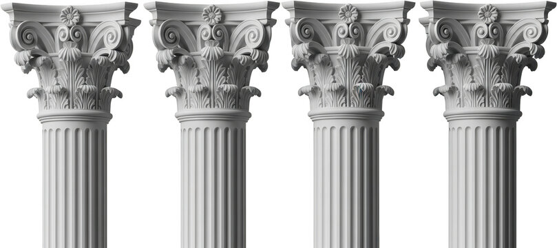 Four intricately carved white Corinthian columns stand side by side showcasing detailed acanthus leaves and volutes representing classical architecture ancient architecture