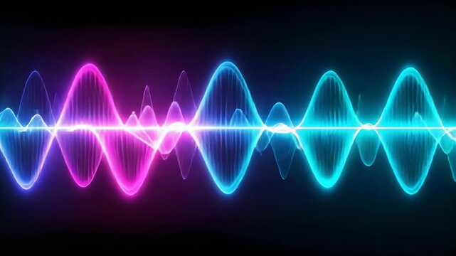 Vibrant neon sound waves pulse with blue and pink light against dark background