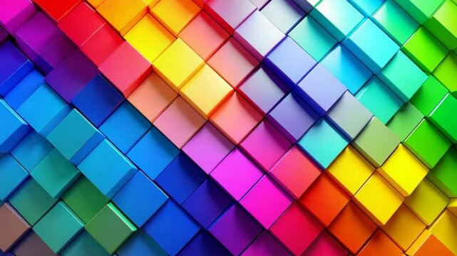 Colorful 3D cubes arranged in a dynamic, gradient pattern with light reflections