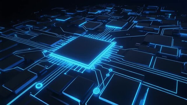 Glowing blue microchip on circuit board with radiating data pathways connecting to surrounding components.