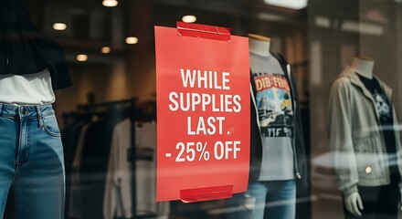 Red Sale Sign in Store Window Offering 25 Percent Off While Supplies Last.