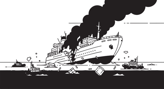 Dramatic Shipwreck Illustration with Vessel Breaking Apart and Burning at Sea