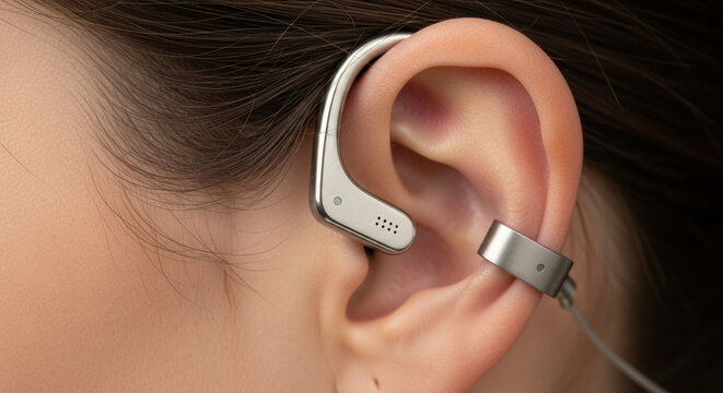 Close up of woman wearing futuristic silver bone conduction headphones on ear