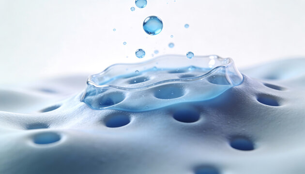 Abstract 3d macro hydration droplet splash on porous surface with blue gel pooling skincare absorption pores concept minimal background
