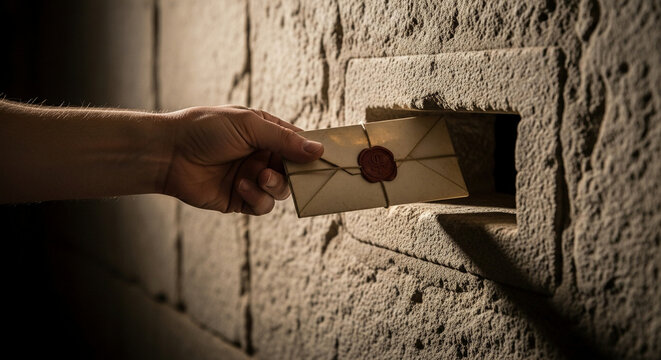 Hand placing vintage envelope with red wax seal into stone wall mail slot
