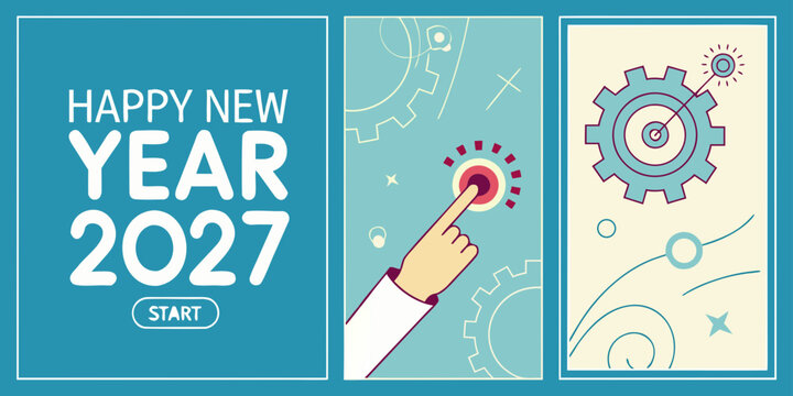 Business professional happy new year 2027 concept design with digital hand pressing start button and gear mechanism business technology innovation illustration strategy