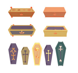 Vector set of coffins, sarcophagi, altar elements, game-ready, flat-style cartoon illustrations.