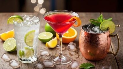 Fototapeta premium Refreshing mixed cocktails with citrus garnishes in colorful glasses on wooden table