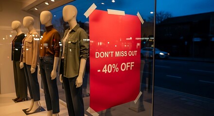 Storefront display with mannequins and a large red sale sign advertising 40 off.