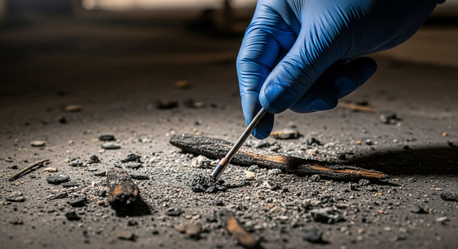 Forensic investigator in blue glove collecting evidence at crime scene