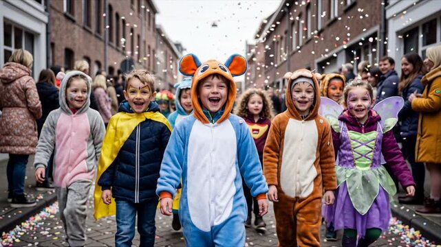 Group of happy children wearing animal and fantasy costumes walking in street carnival parade.