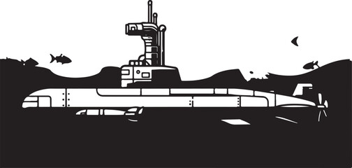 Obraz premium Black and White Illustration of a Submarine Submerged in the Ocean with Fish