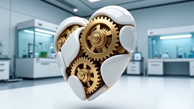 Futuristic Mechanical Heart with Spinning Gold Gears in Medical Laboratory - 3D Render Animation
