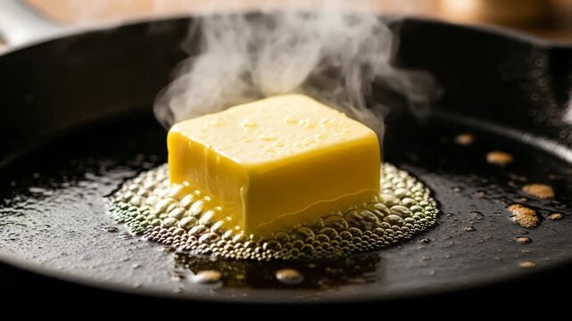 Melting butter in a hot pan with steam rising