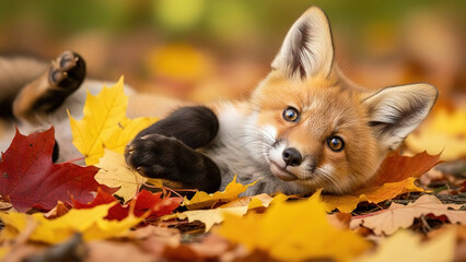 Obraz premium Young fox resting on autumn leaves in forest