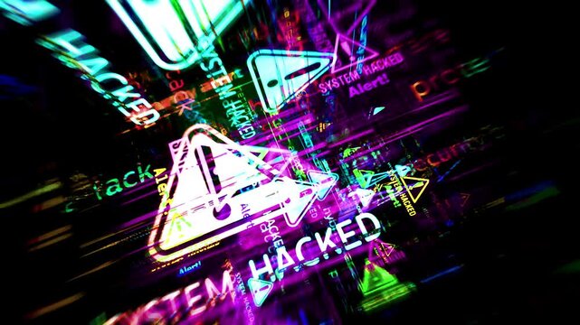 System hacked security breach symbol technology loop concept. Abstract sign on glitch screens seamless and looped.