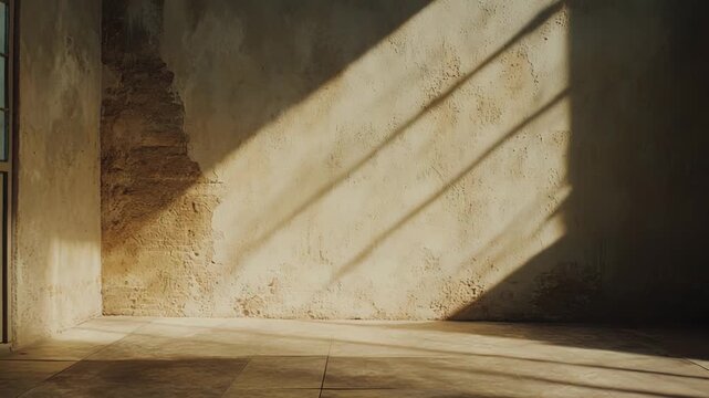 Rustic empty room interior showcasing textured plaster walls with exposed brick, tiled floor, and dramatic sunlight casting long diagonal shadows from a window