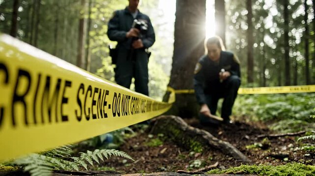 Two forensic investigators are working in a lush forest, secured by yellow caution tape, diligently examining the ground for evidence. Sunlight filters through the trees, creating a natural and
