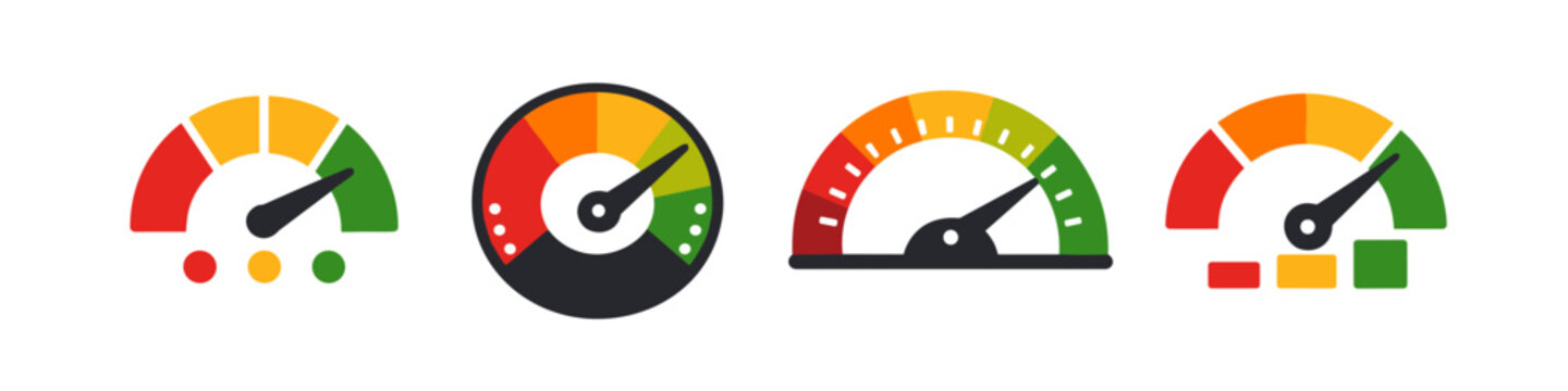 Set of four colorful speedometers indicating performance levels from low to high