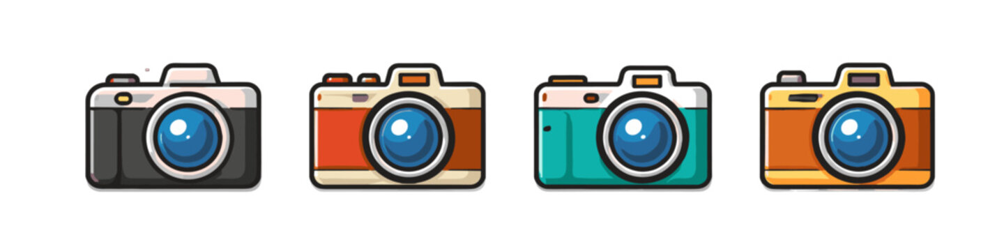 Collection of four colorful retro-style cameras with large blue lenses