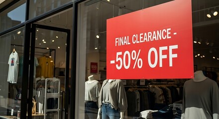 Final Clearance Sale 50 Percent Off Sign in Store Window.