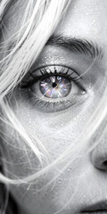 Obraz premium cinematic photo A black-and-white close-up portrait focusing on a single eye