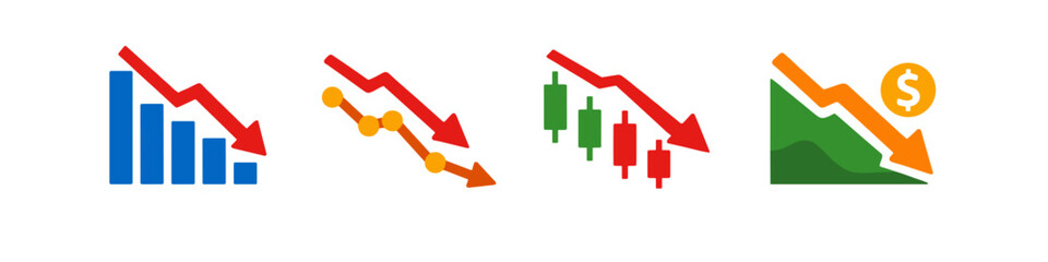 Fototapeta premium Collection of downward trending financial graphs and charts indicating losses