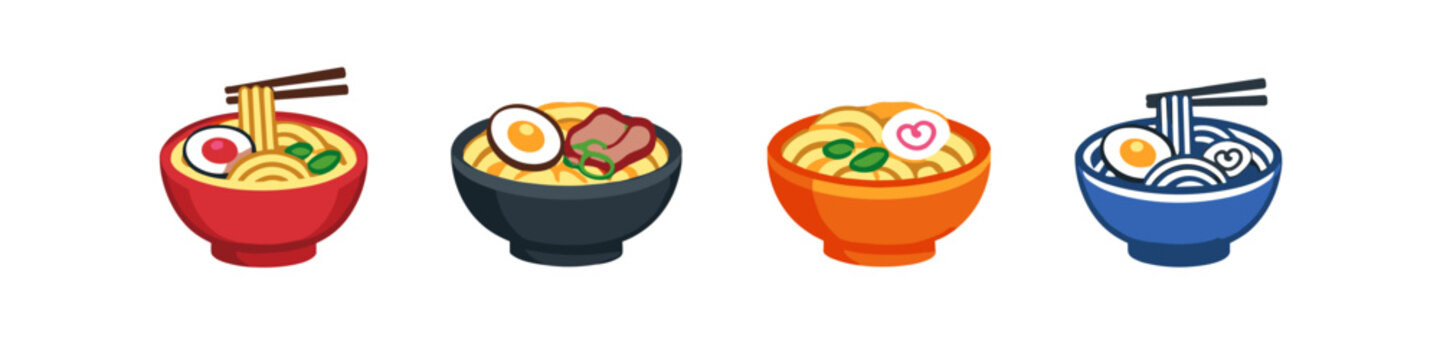 Collection of four colorful cartoon ramen bowls with chopsticks and various toppings