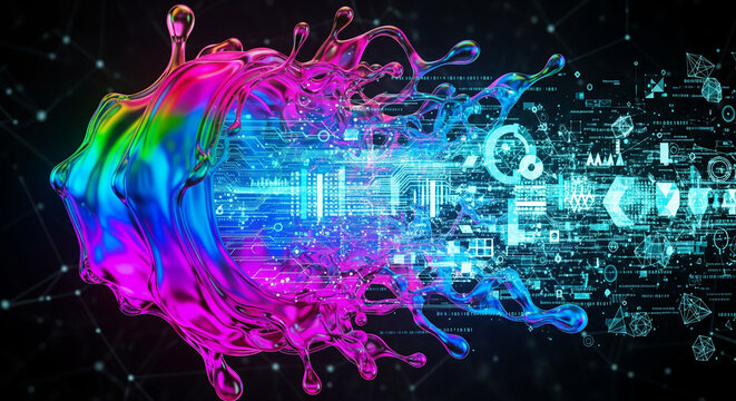 Colorful digital data explosion representing AI, big data and creative technology flow.