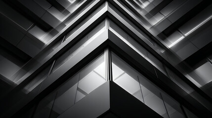 Fototapeta premium Sophisticated Monochrome Architectural Corner with Sharp Geometric Lines and Reflective Glass Panels, Ideal for Corporate Branding and Modern Urban Design Presentations