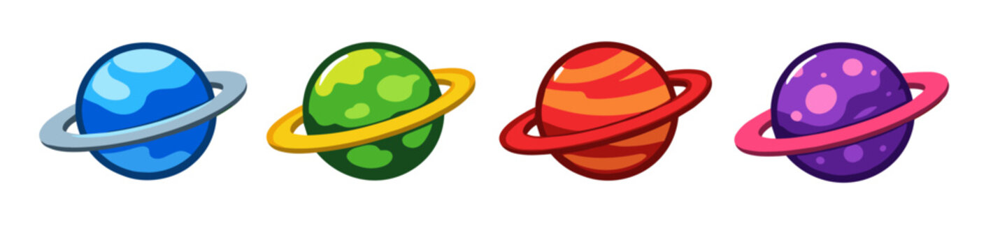Collection of four colorful cartoon planets with rings, isolated on white background