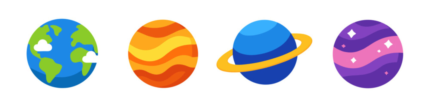 Collection of colorful cartoon planets with unique designs and textures in a row