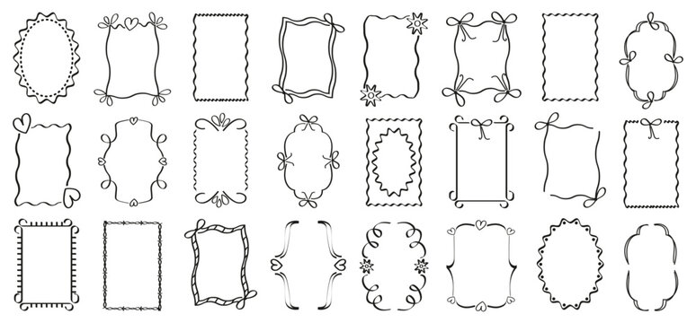 Decorative ornamental frame outlines set in black. Elegant hand drawn borders with floral and geometric accents