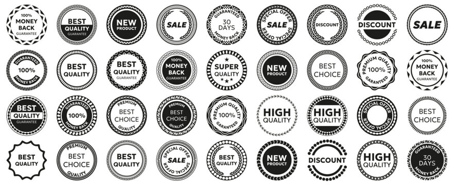 Vintage quality badge and seal collection. Circular guarantee and sale labels in black style