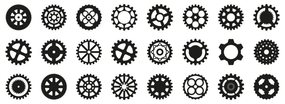 Cogwheel and gear silhouettes collection in black. Mechanical round gear shapes with different teeth patterns