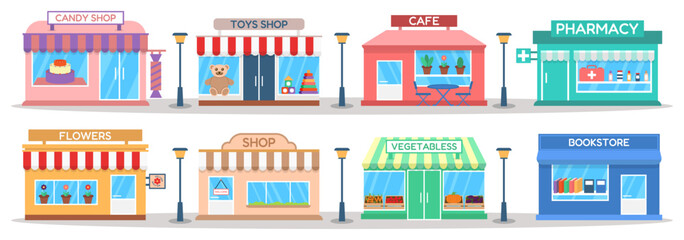 Fototapeta na wymiar Small city shops and storefronts illustration set. Colorful buildings representing retail food and service businesses